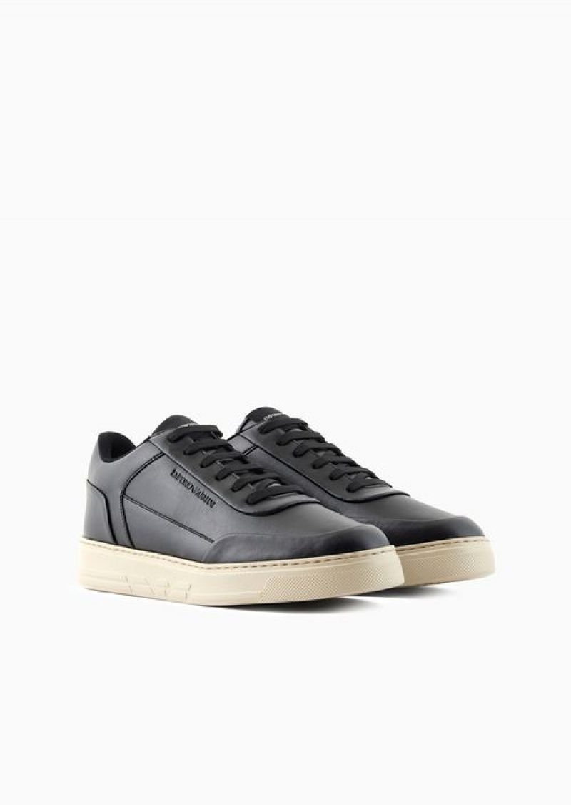 Black Emporio Armani Leather Sneakers With Side Logo | EA-SN58982