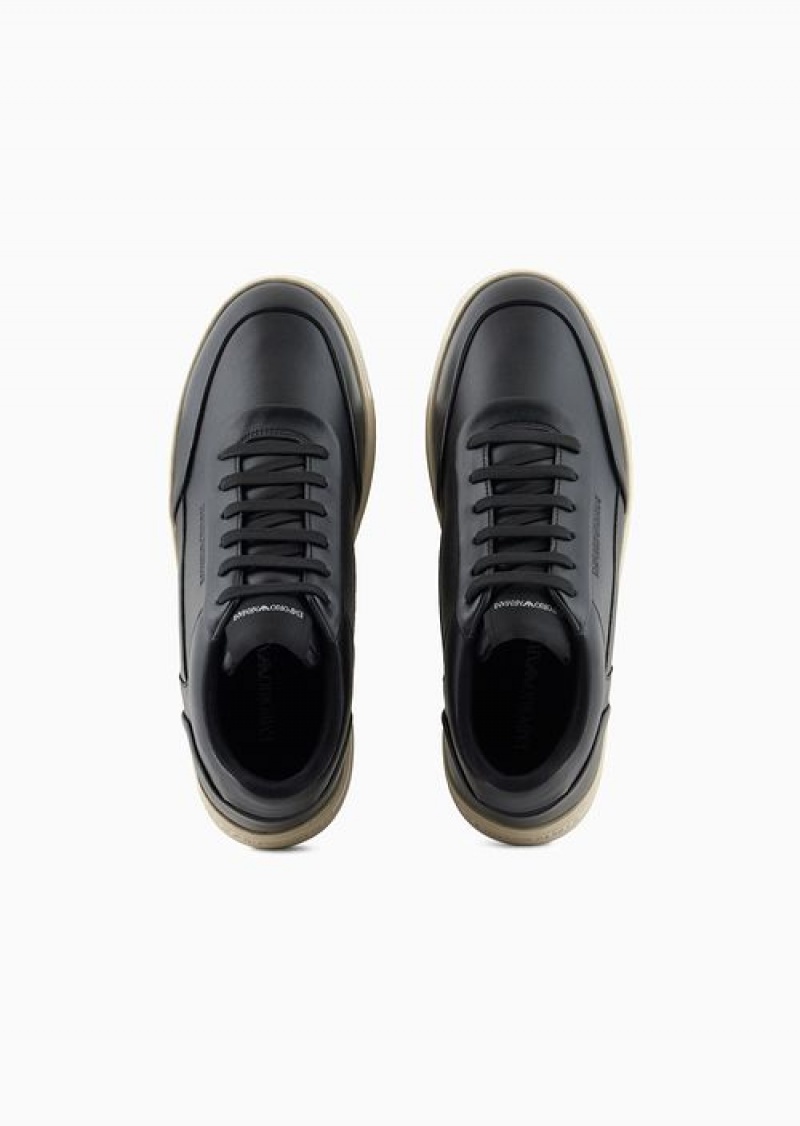 Black Emporio Armani Leather Sneakers With Side Logo | EA-SN58982