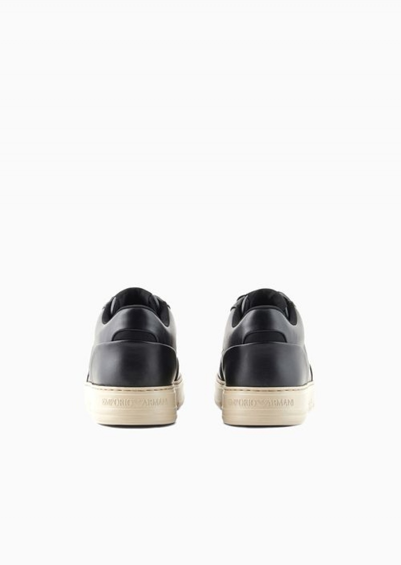 Black Emporio Armani Leather Sneakers With Side Logo | EA-SN58982