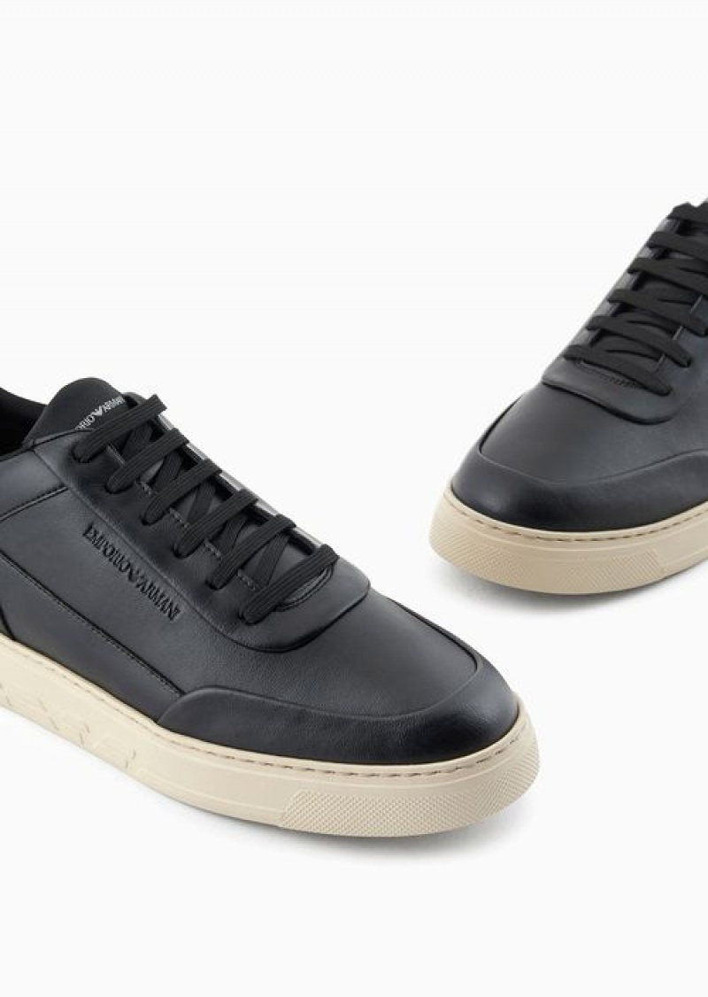 Black Emporio Armani Leather Sneakers With Side Logo | EA-SN58982