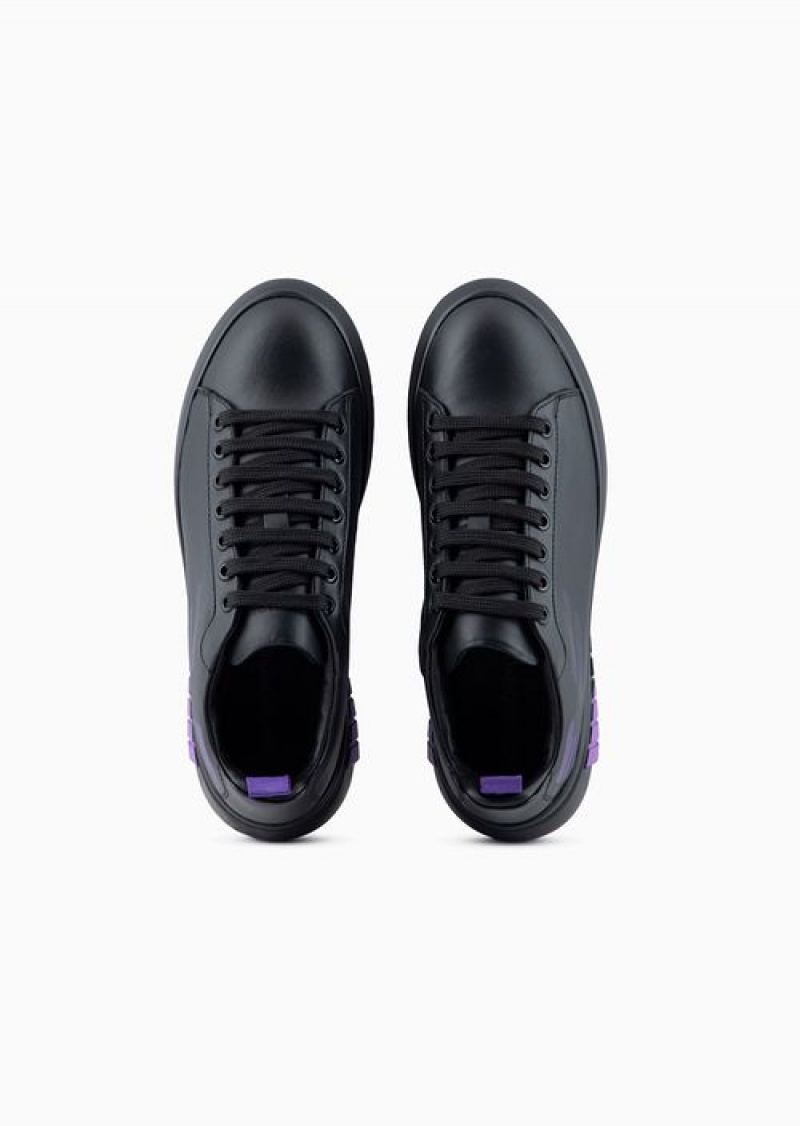 Black Emporio Armani Leather Sneakers With Graphic Gradient-effect Eagle | EA-SN57176