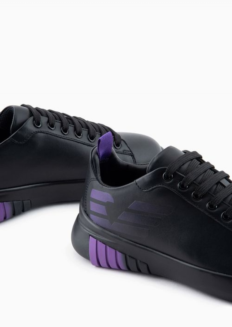 Black Emporio Armani Leather Sneakers With Graphic Gradient-effect Eagle | EA-SN57176