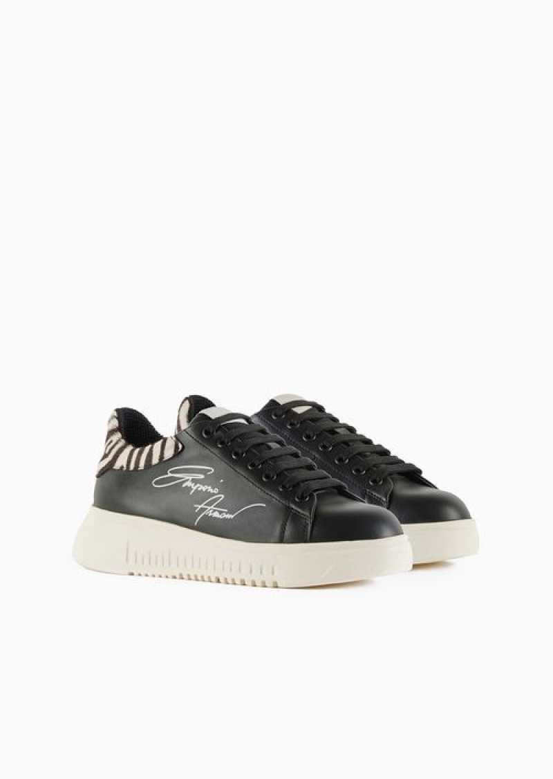 Black Emporio Armani Leather Sneakers With Ponyskin Back And Signature Logo | EA-SN57192