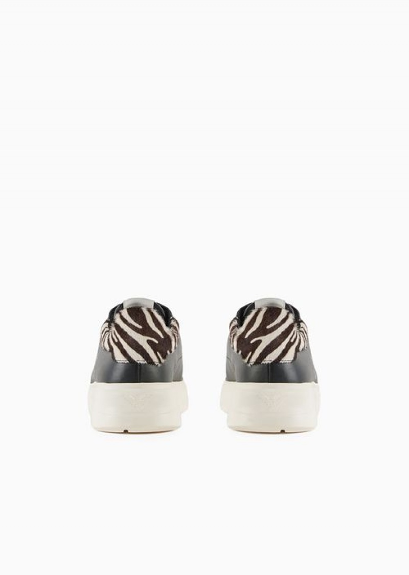 Black Emporio Armani Leather Sneakers With Ponyskin Back And Signature Logo | EA-SN57192