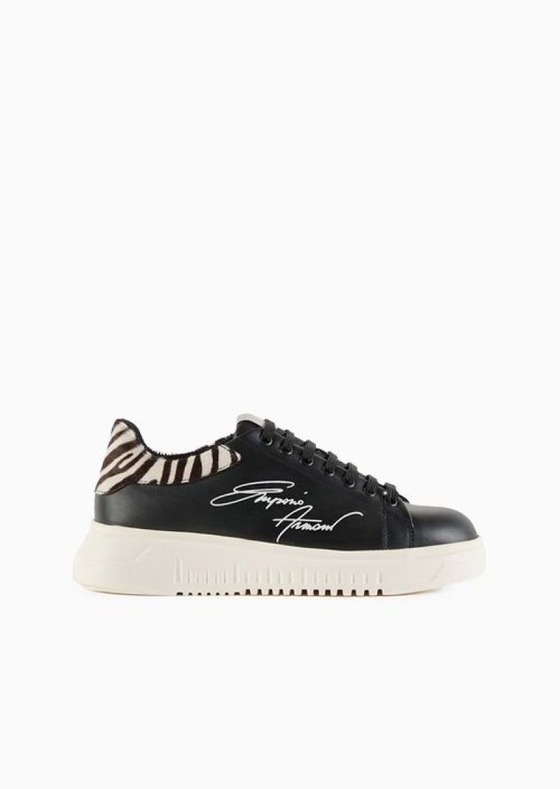 Black Emporio Armani Leather Sneakers With Ponyskin Back And Signature Logo | EA-SN57192