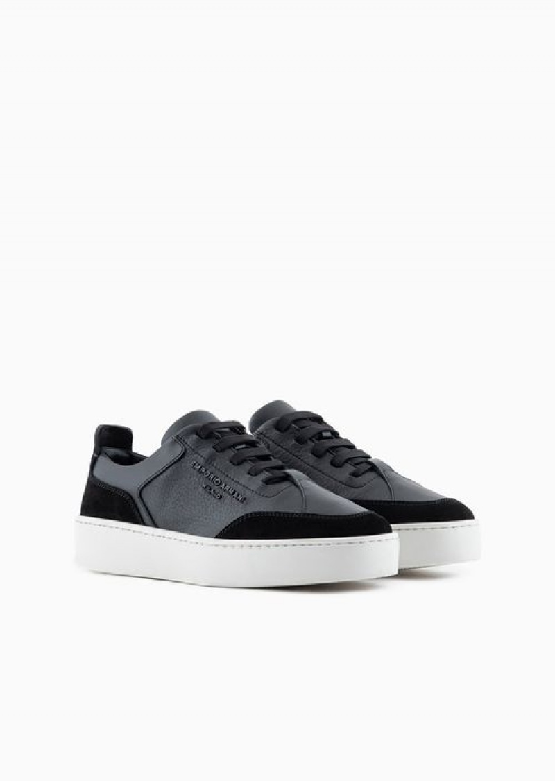 Black Emporio Armani Leather Sneakers With Suede Details And Embossed Logo | EA-SN57196