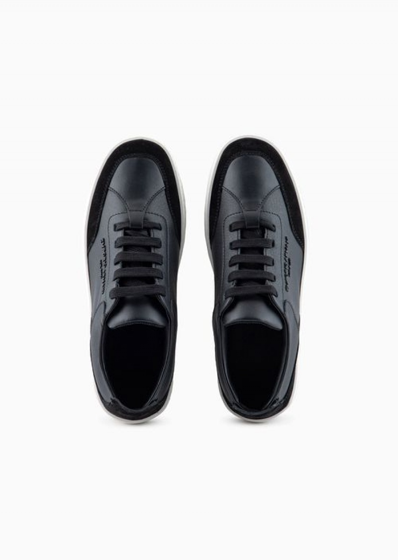 Black Emporio Armani Leather Sneakers With Suede Details And Embossed Logo | EA-SN57196