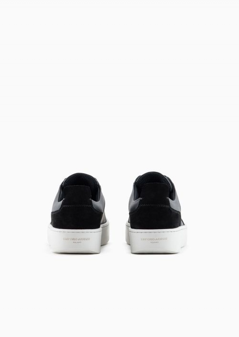 Black Emporio Armani Leather Sneakers With Suede Details And Embossed Logo | EA-SN57196