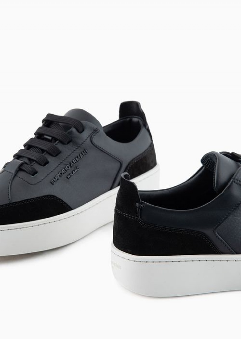 Black Emporio Armani Leather Sneakers With Suede Details And Embossed Logo | EA-SN57196