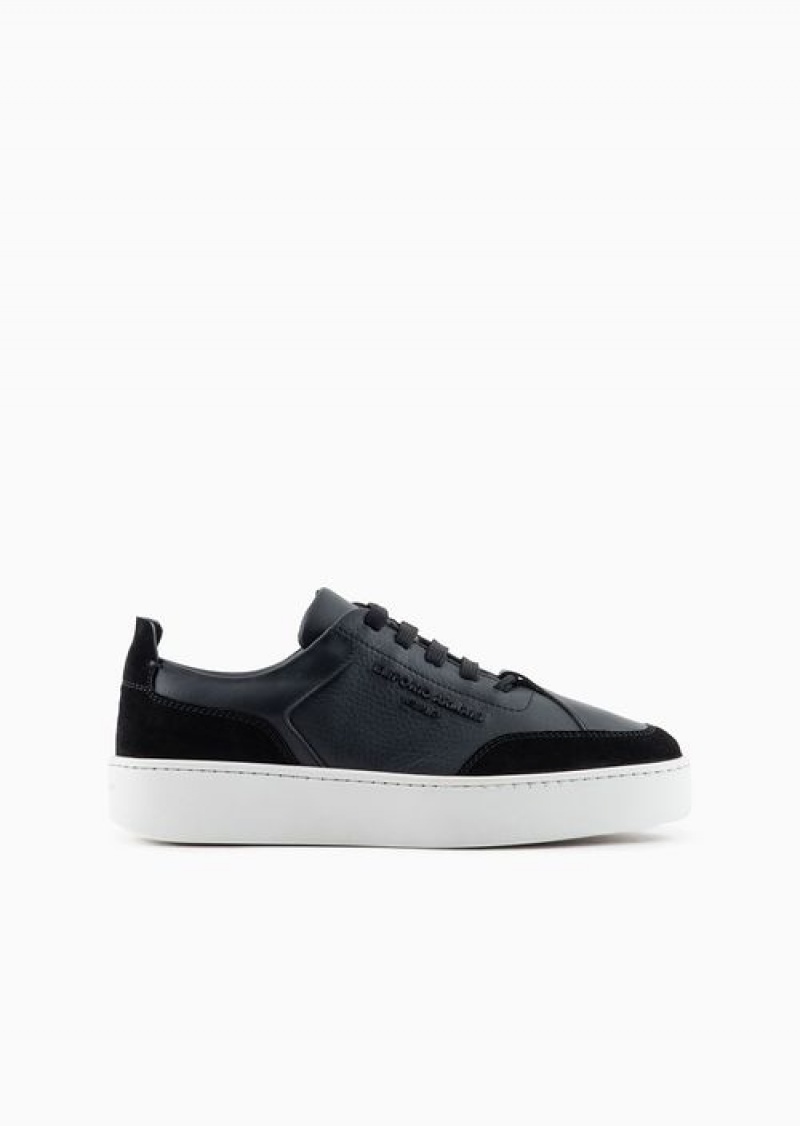 Black Emporio Armani Leather Sneakers With Suede Details And Embossed Logo | EA-SN57196