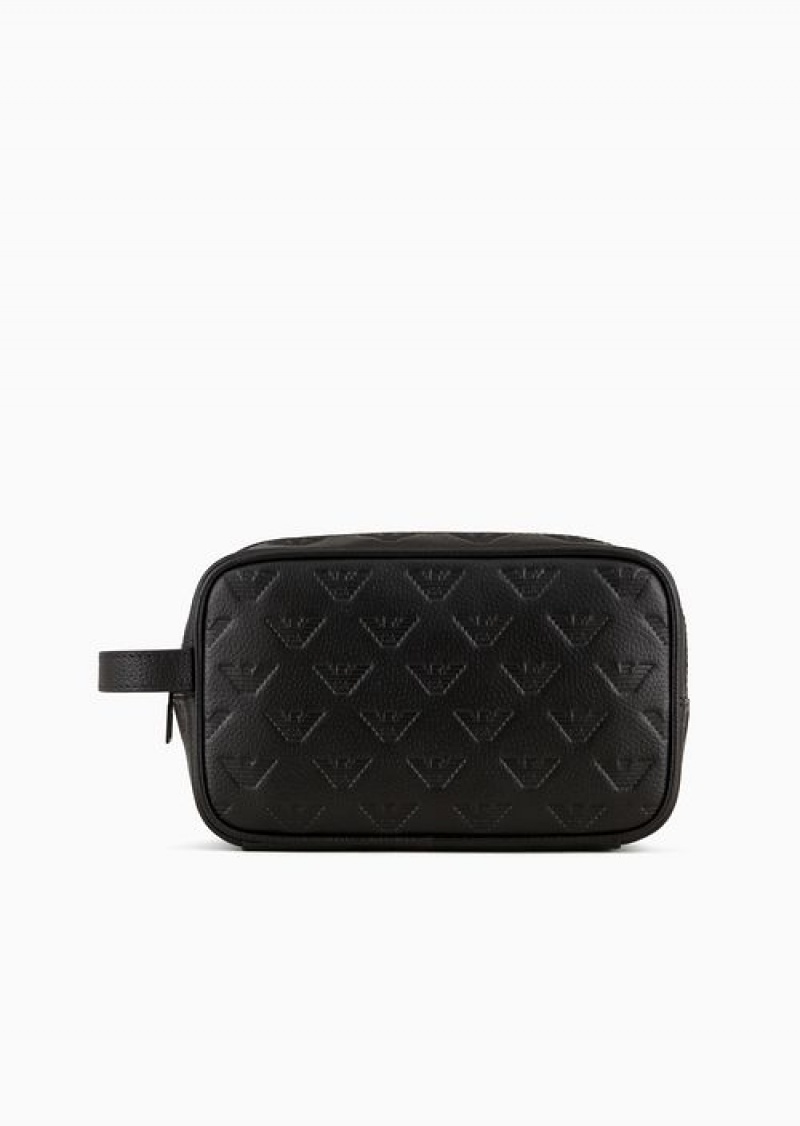 Black Emporio Armani Leather Washbag With All-over Embossed Eagle | EA-SN59305