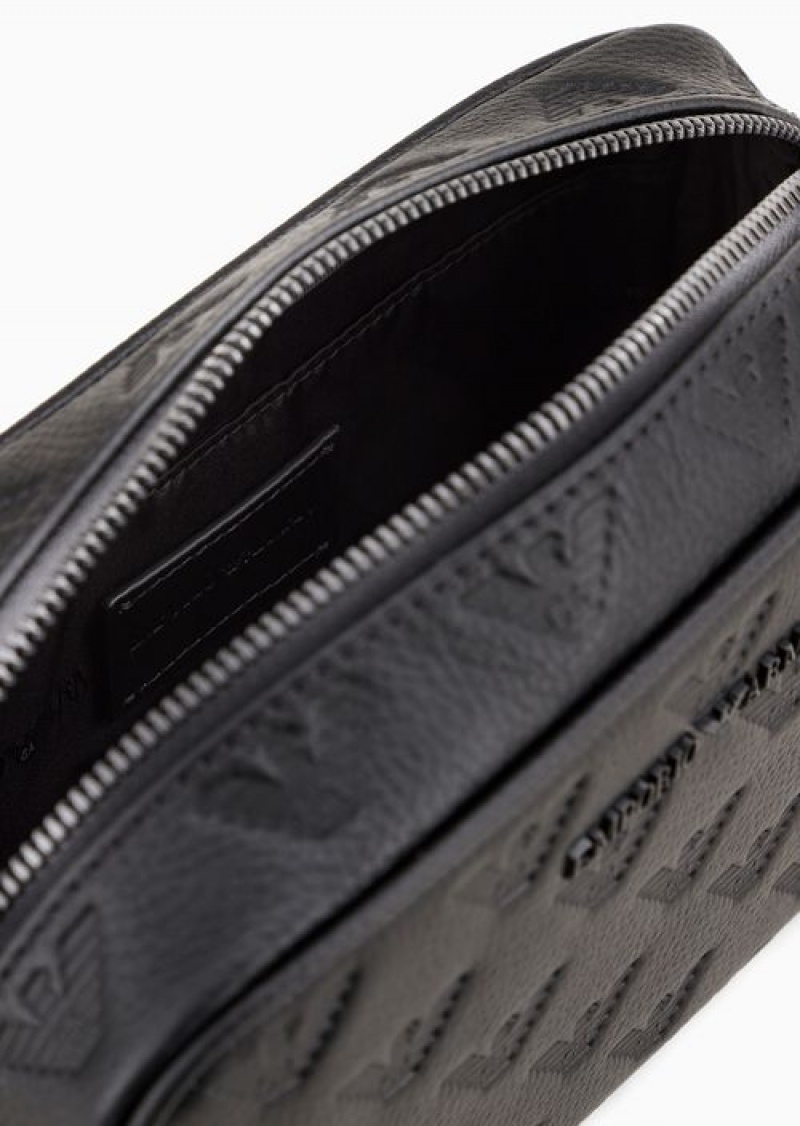 Black Emporio Armani Leather Washbag With All-over Embossed Eagle | EA-SN59305