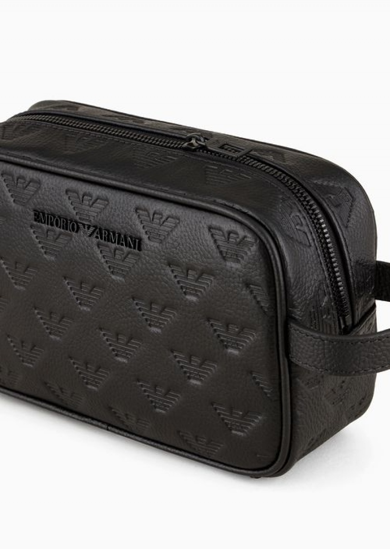 Black Emporio Armani Leather Washbag With All-over Embossed Eagle | EA-SN59305