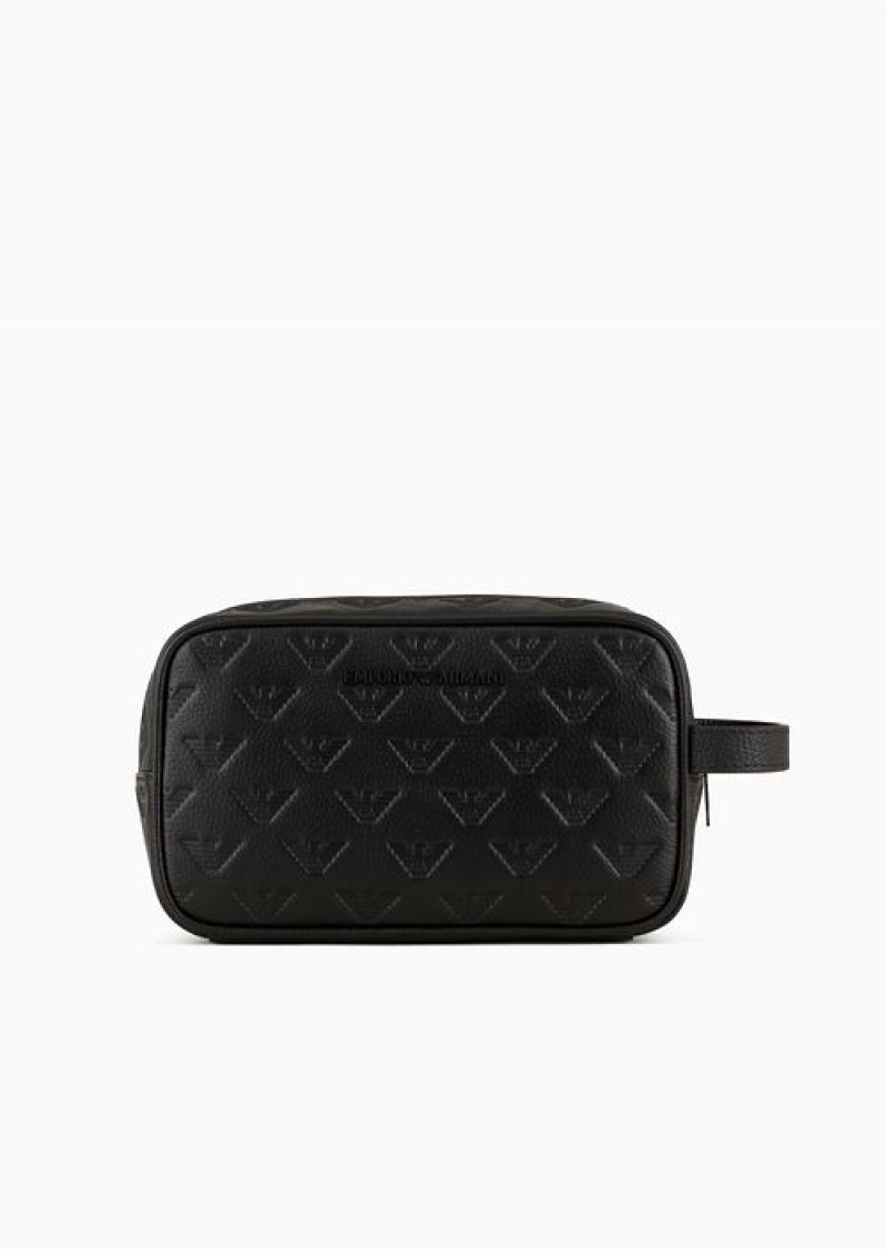 Black Emporio Armani Leather Washbag With All-over Embossed Eagle | EA-SN59305