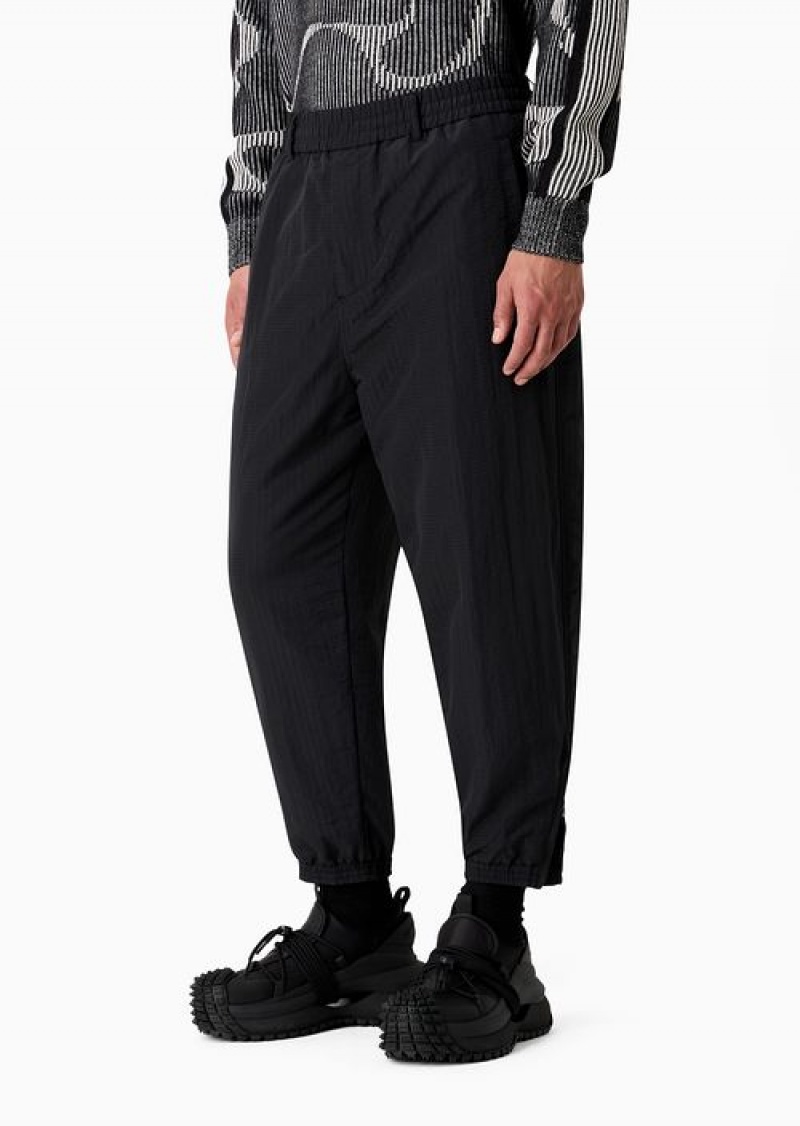 Black Emporio Armani Light Nylon Seersucker Trousers With Stretch Hem And Zip | EA-SN58419