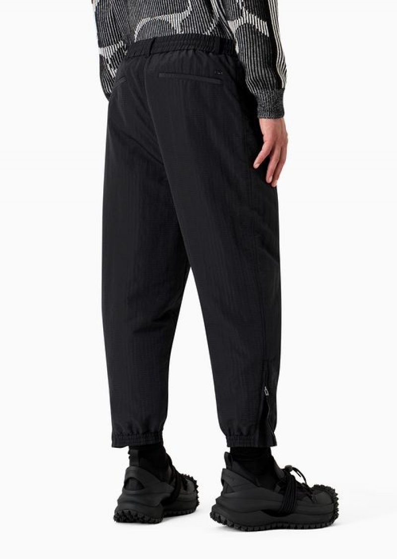 Black Emporio Armani Light Nylon Seersucker Trousers With Stretch Hem And Zip | EA-SN58419