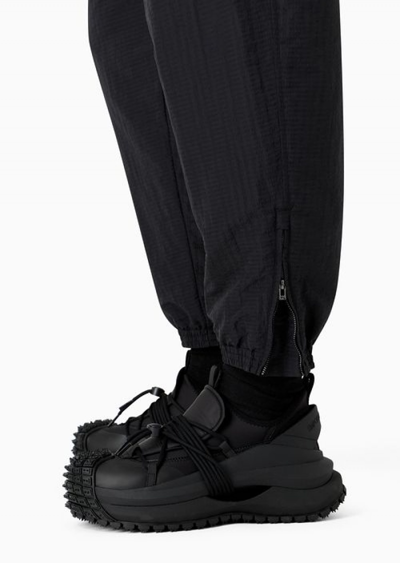 Black Emporio Armani Light Nylon Seersucker Trousers With Stretch Hem And Zip | EA-SN58419