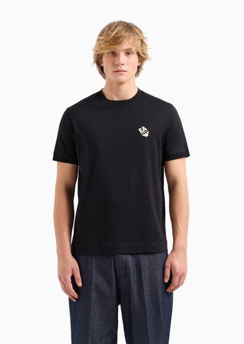 Black Emporio Armani Lightweight Jersey T-shirt With Logo Embroidery And Ribbed Trim | EA-SN58734