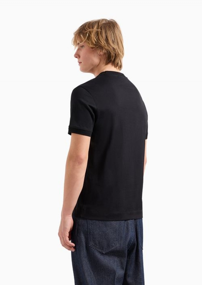 Black Emporio Armani Lightweight Jersey T-shirt With Logo Embroidery And Ribbed Trim | EA-SN58734