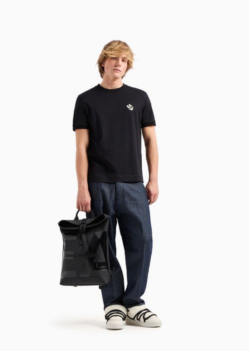 Black Emporio Armani Lightweight Jersey T-shirt With Logo Embroidery And Ribbed Trim | EA-SN58734