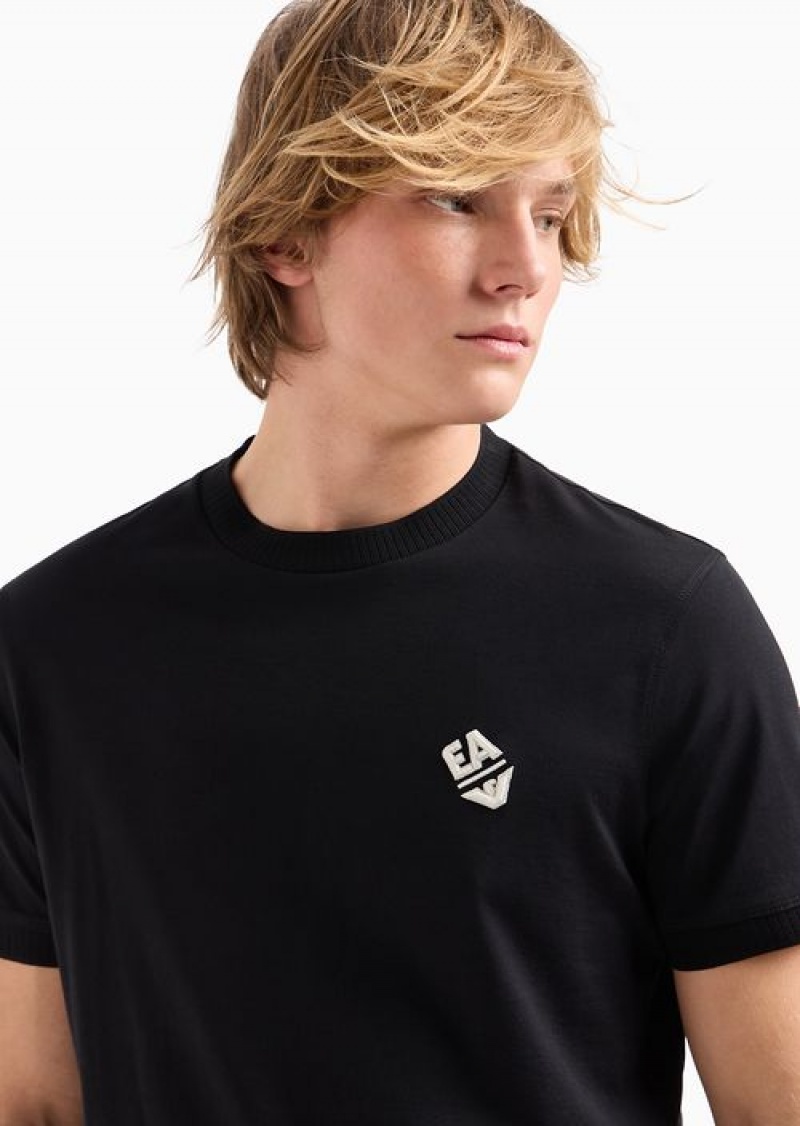 Black Emporio Armani Lightweight Jersey T-shirt With Logo Embroidery And Ribbed Trim | EA-SN58734