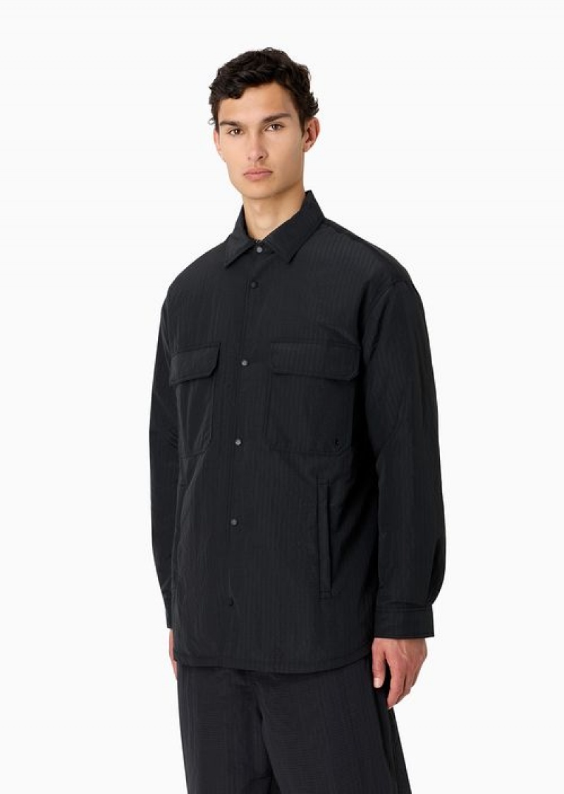 Black Emporio Armani Lightweight Nylon Seersucker Water-repellent Shirt Jacket | EA-SN58267