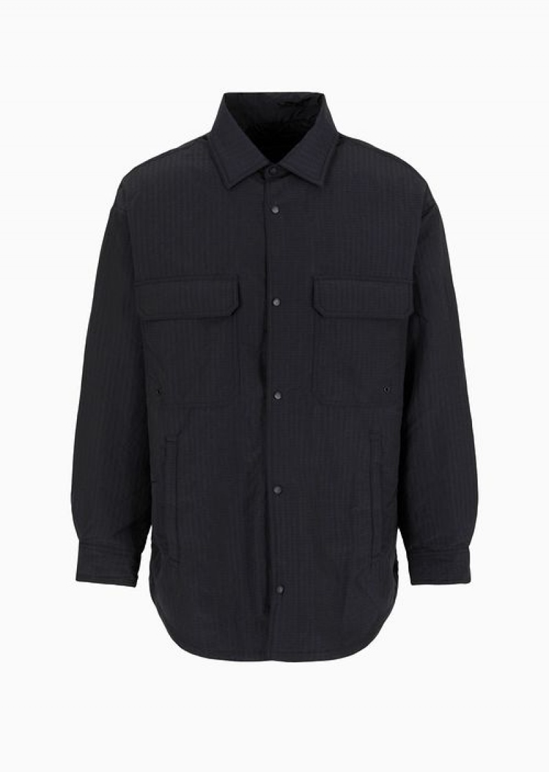 Black Emporio Armani Lightweight Nylon Seersucker Water-repellent Shirt Jacket | EA-SN58267