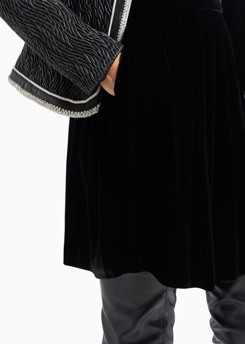 Black Emporio Armani Liquid Velvet Skirt With Godet Pleats | EA-SN56910