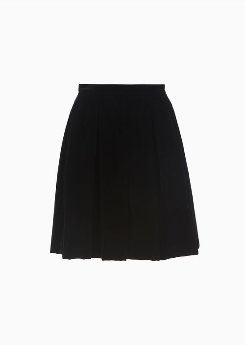 Black Emporio Armani Liquid Velvet Skirt With Godet Pleats | EA-SN56910