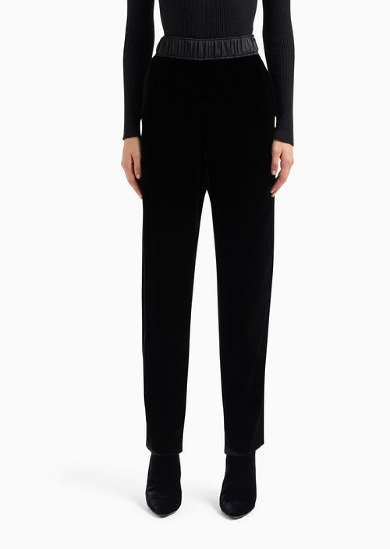 Black Emporio Armani Liquid Velvet Trousers With Elasticated Waist And Leg Flap | EA-SN56855