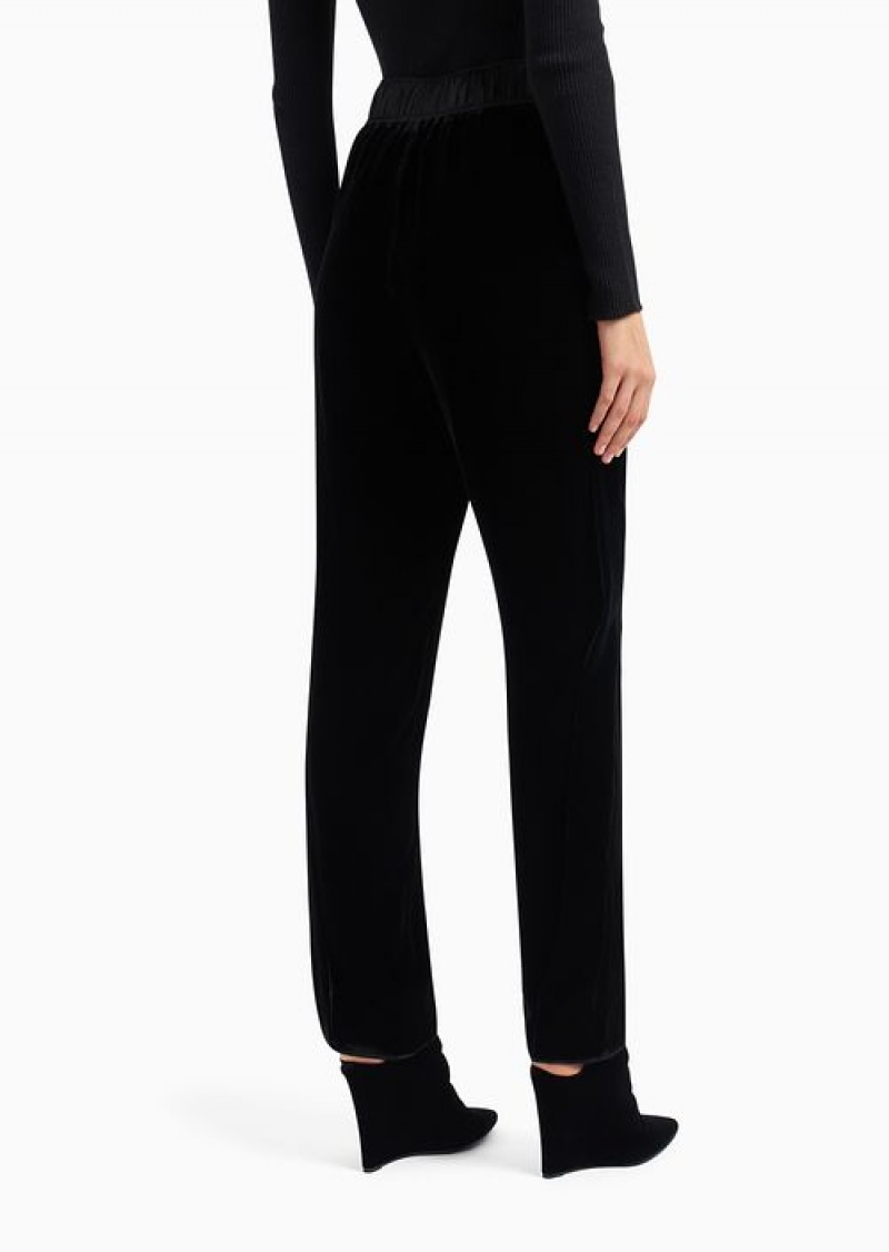 Black Emporio Armani Liquid Velvet Trousers With Elasticated Waist And Leg Flap | EA-SN56855