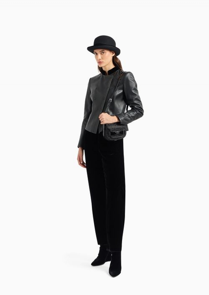 Black Emporio Armani Liquid Velvet Trousers With Elasticated Waist And Leg Flap | EA-SN56855