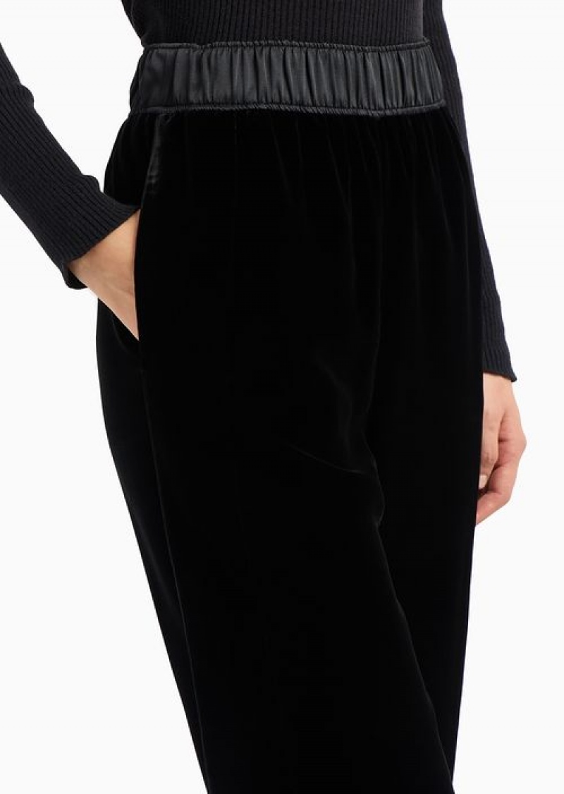 Black Emporio Armani Liquid Velvet Trousers With Elasticated Waist And Leg Flap | EA-SN56855