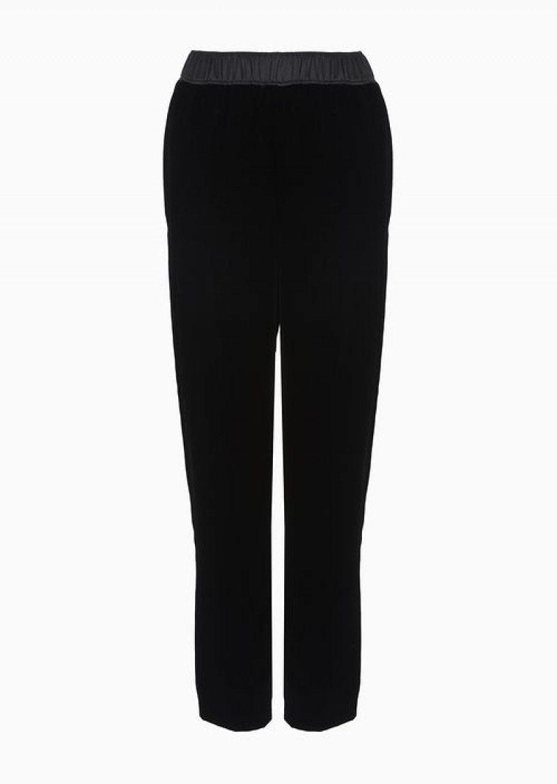 Black Emporio Armani Liquid Velvet Trousers With Elasticated Waist And Leg Flap | EA-SN56855