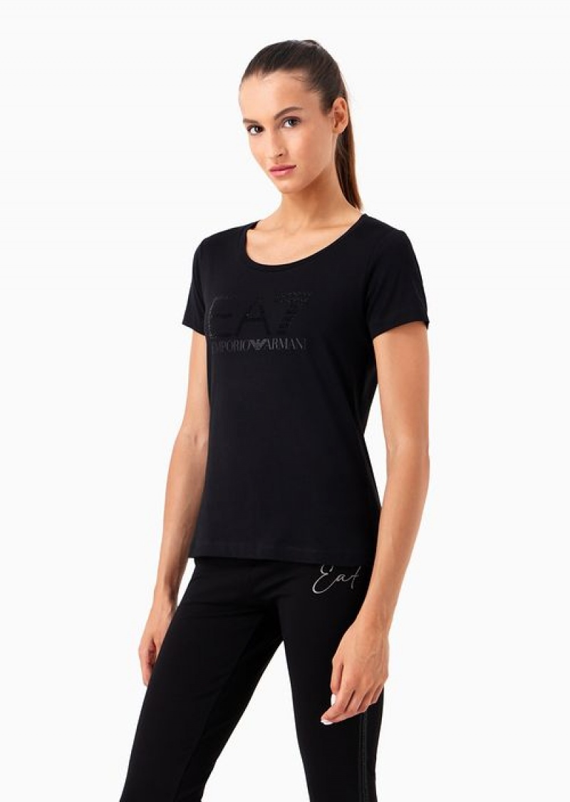 Black Emporio Armani Logo Series Organic-cotton T-shirt With A Rhinestone Logo | EA7-SN59635