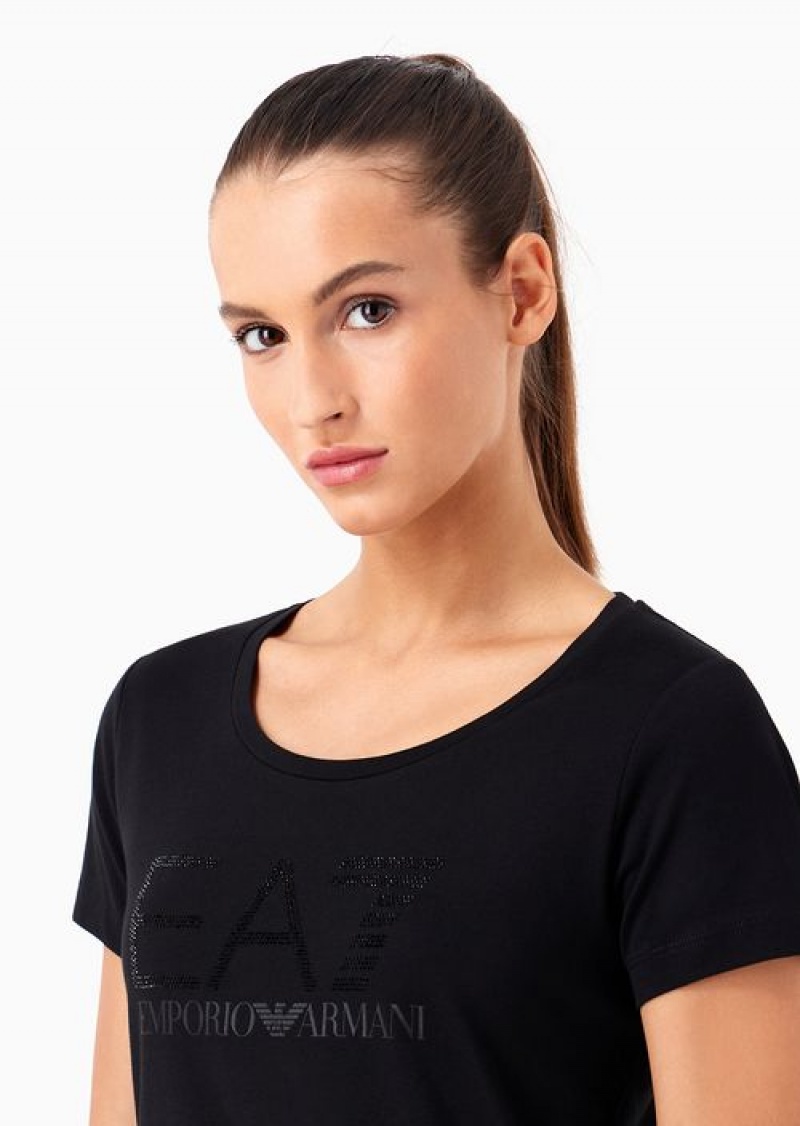 Black Emporio Armani Logo Series Organic-cotton T-shirt With A Rhinestone Logo | EA7-SN59635