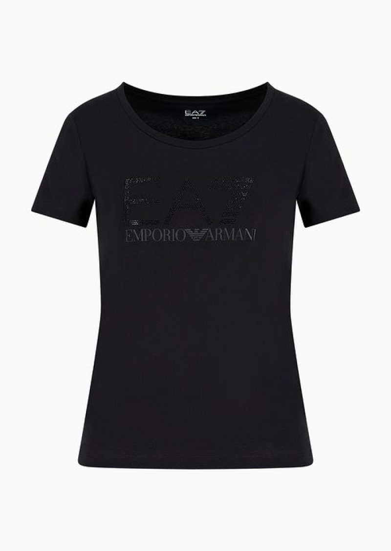 Black Emporio Armani Logo Series Organic-cotton T-shirt With A Rhinestone Logo | EA7-SN59635