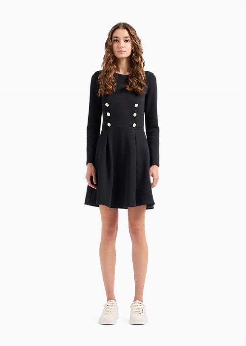 Black Emporio Armani Lunar New Year Double-jersey Pleated, Flared Dress With Golden Buttons | EA-SN56534