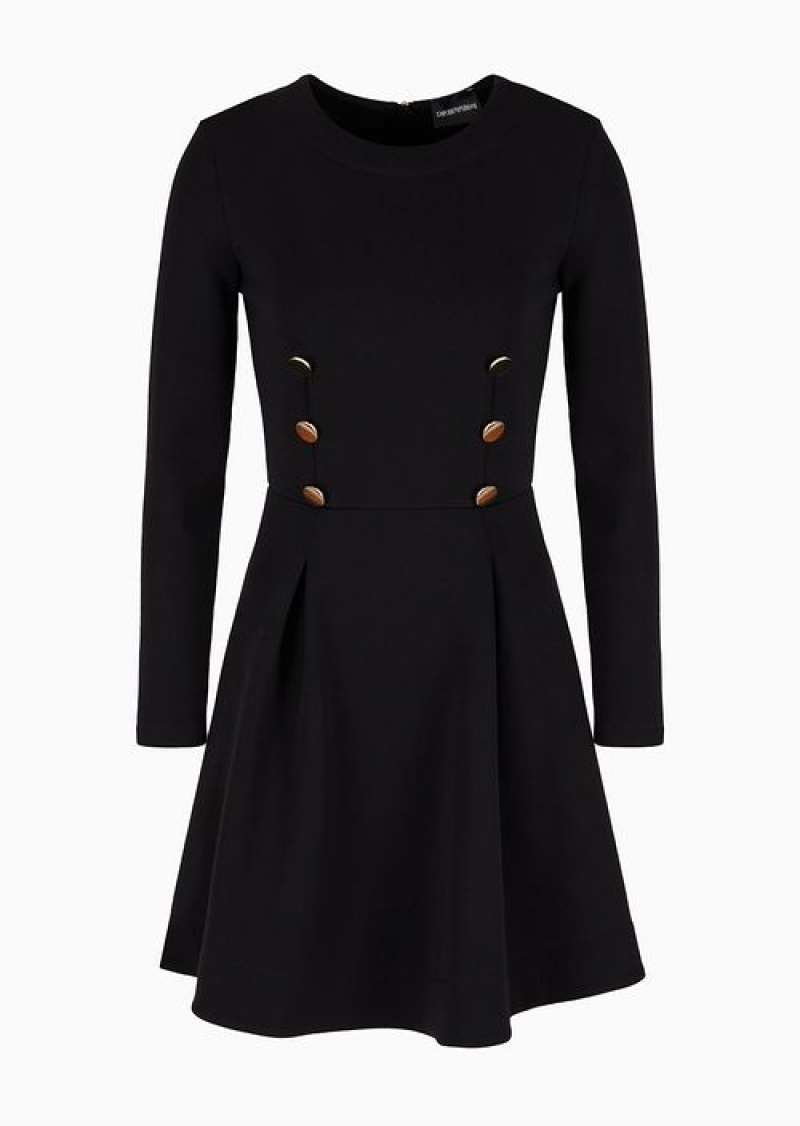 Black Emporio Armani Lunar New Year Double-jersey Pleated, Flared Dress With Golden Buttons | EA-SN56534