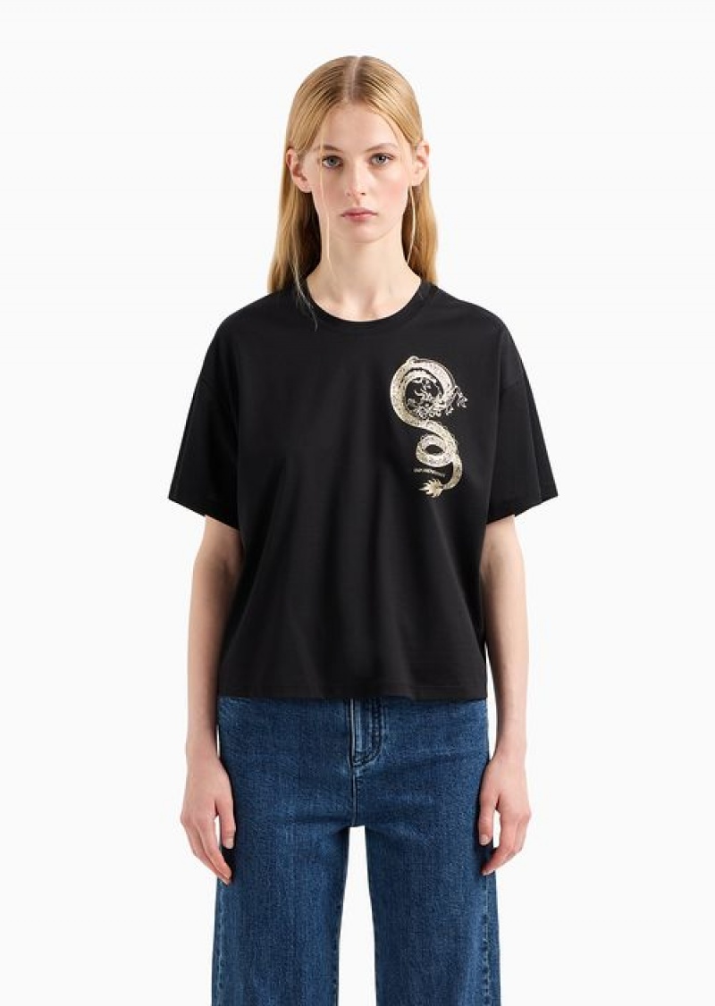 Black Emporio Armani Lunar New Year Mercerised-jersey T-shirt With Dragon Print | EA-SN57070