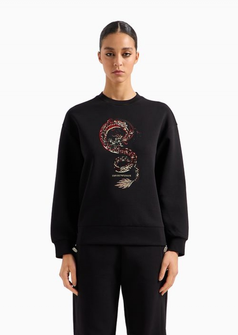 Black Emporio Armani Lunar New Year Sweatshirt With Oversized Dragon Embroidery | EA-SN57008