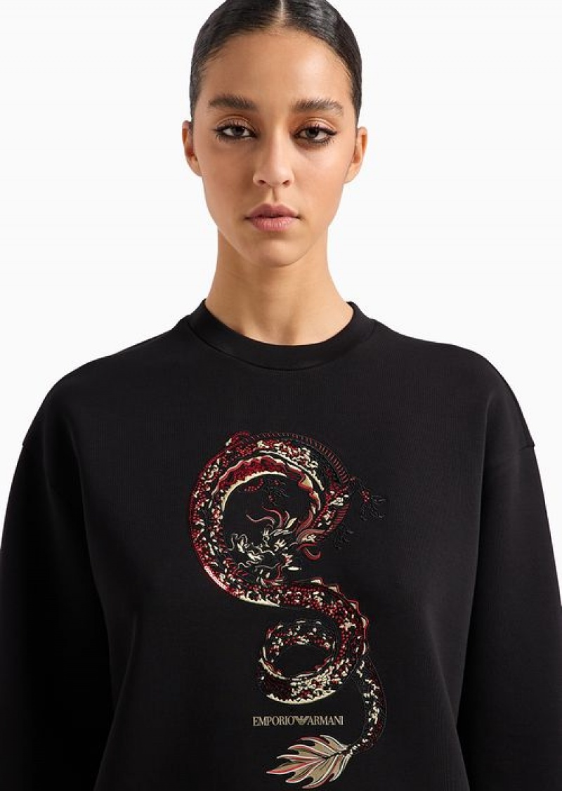 Black Emporio Armani Lunar New Year Sweatshirt With Oversized Dragon Embroidery | EA-SN57008