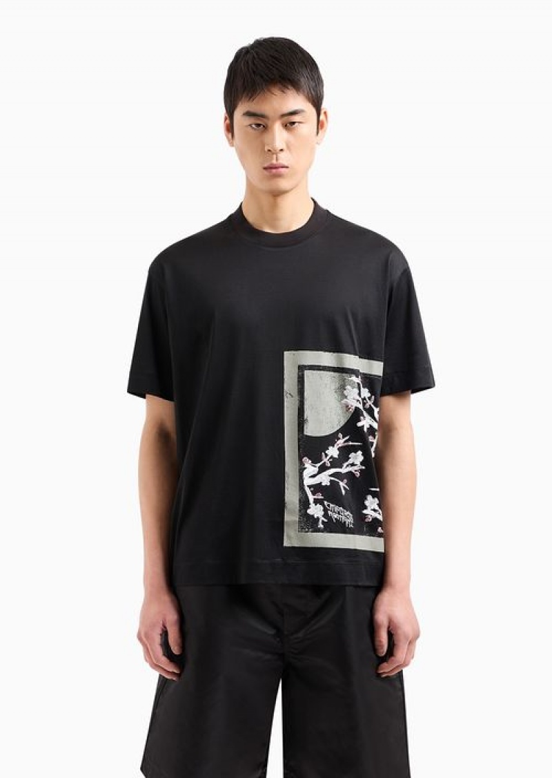 Black Emporio Armani Lyocell-blend Jersey T-shirt With Asv Asian Print | EA-SN58762