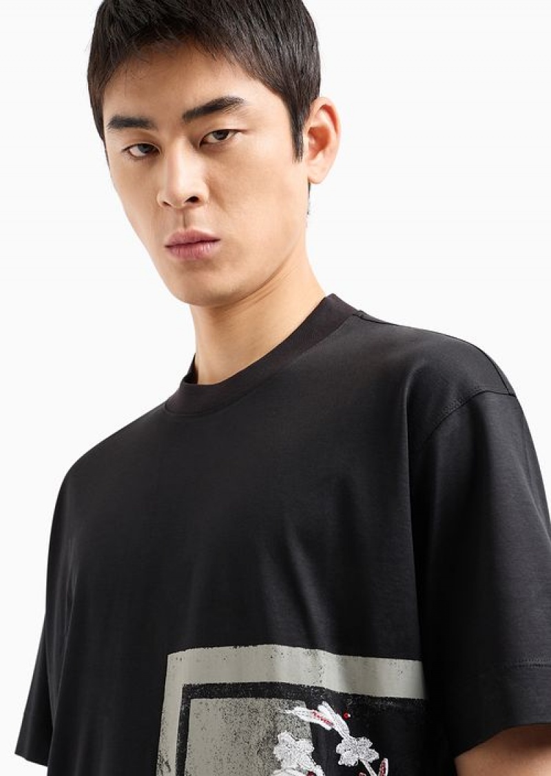 Black Emporio Armani Lyocell-blend Jersey T-shirt With Asv Asian Print | EA-SN58762