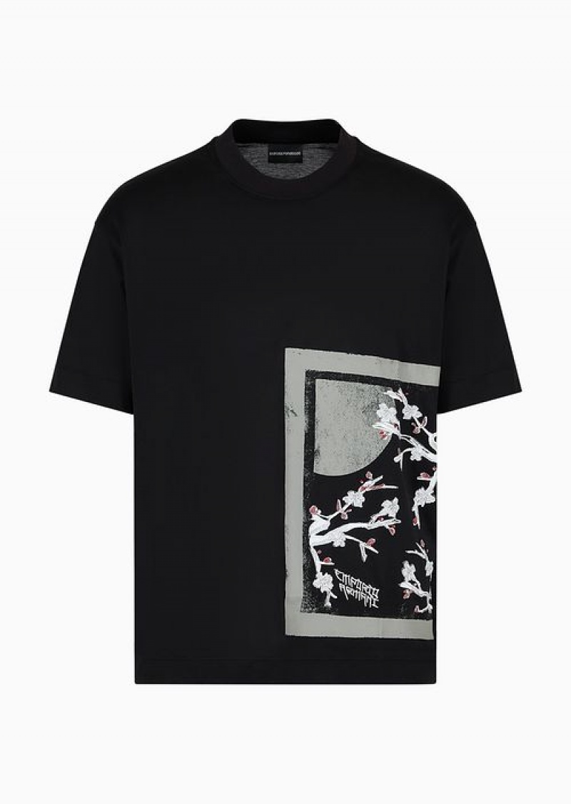 Black Emporio Armani Lyocell-blend Jersey T-shirt With Asv Asian Print | EA-SN58762