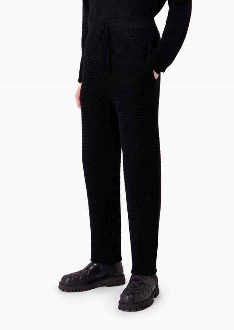 Black Emporio Armani Lyocell-blend Moss-stitch Effect Tuck-stitch Knit Drawstring Trousers | EA-SN58309