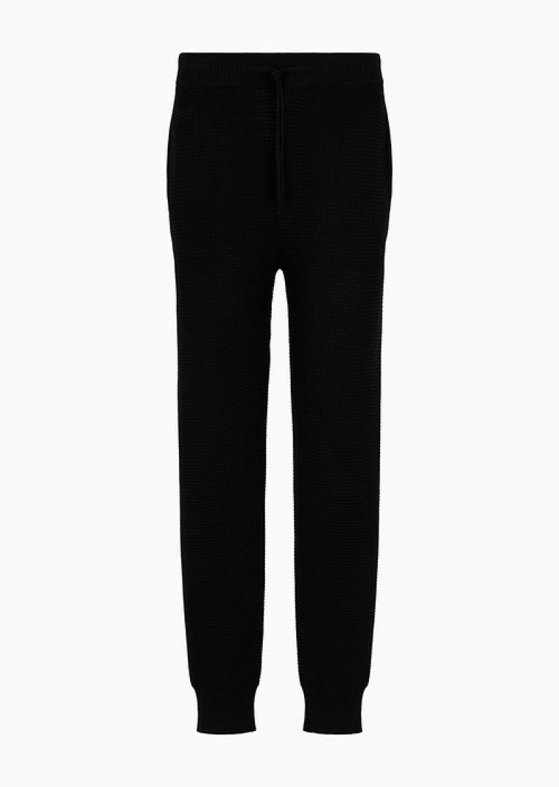 Black Emporio Armani Lyocell-blend Moss-stitch Effect Tuck-stitch Knit Drawstring Trousers | EA-SN58309