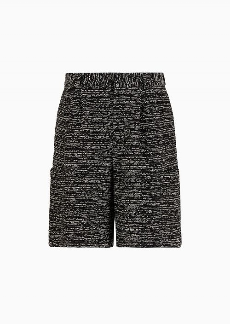 Black Emporio Armani Malfilé Basketweave-effect Fabric Bermuda Shorts | EA-SN58405