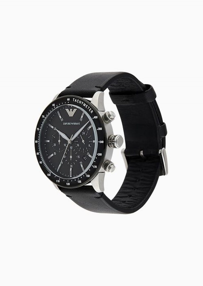 Black Emporio Armani Men'S Chronograph Black Leather Watch | EA-SN59329