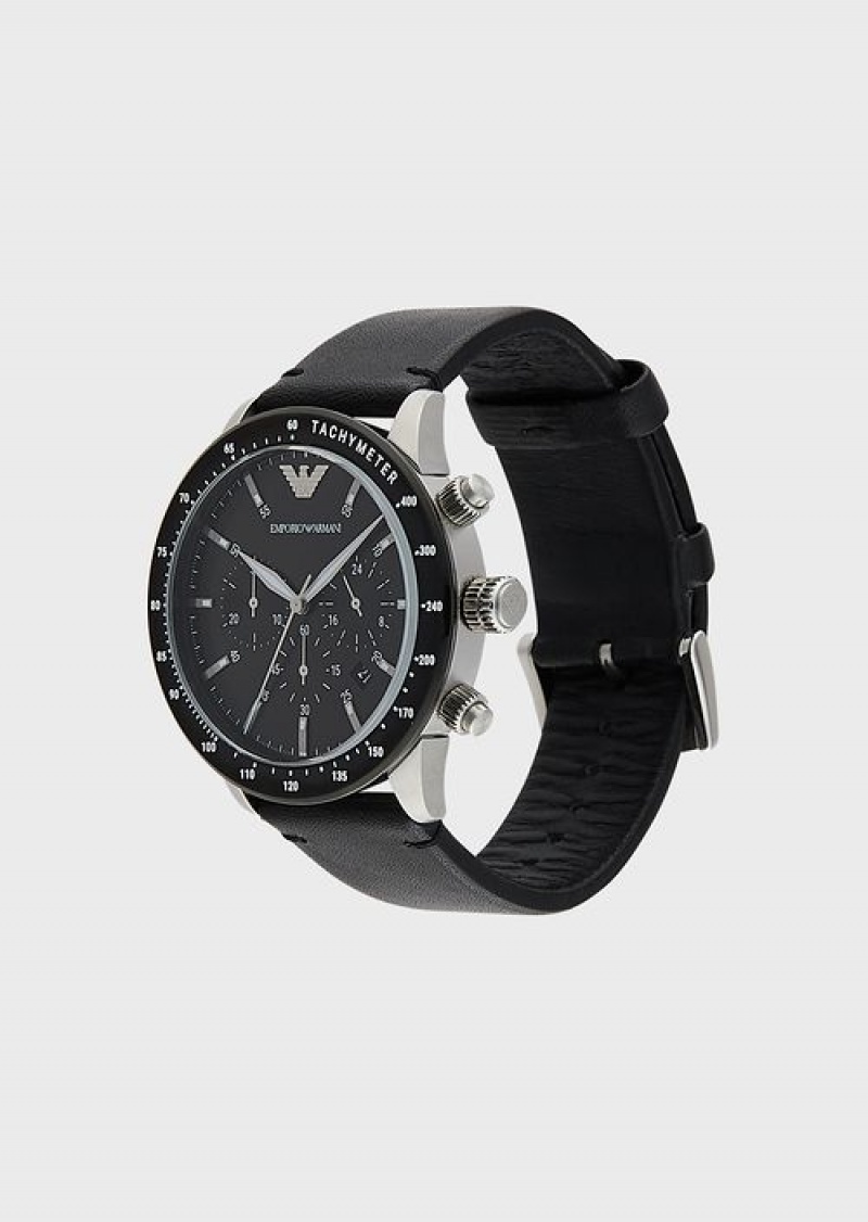 Black Emporio Armani Men'S Chronograph Black Leather Watch | EA-SN59329